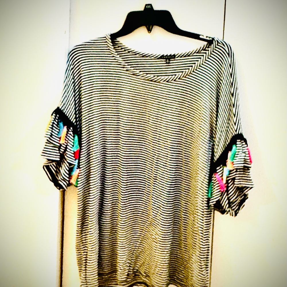 Hannah Black and White Striped Top with Colorful Sleeve Accents